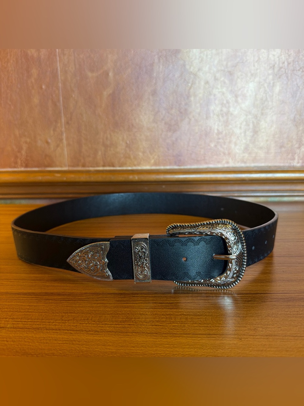 Women L Large Black Leather Western Belt Tooled 3pc Silver Buckle Set Boho 37"